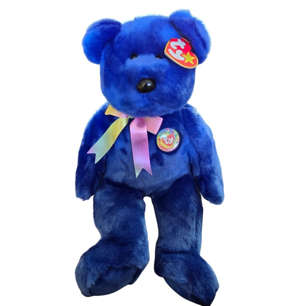 Ty Beanie Buddy Clubby Bear Blue Plush Stuffed Animal Official Club Button 14"